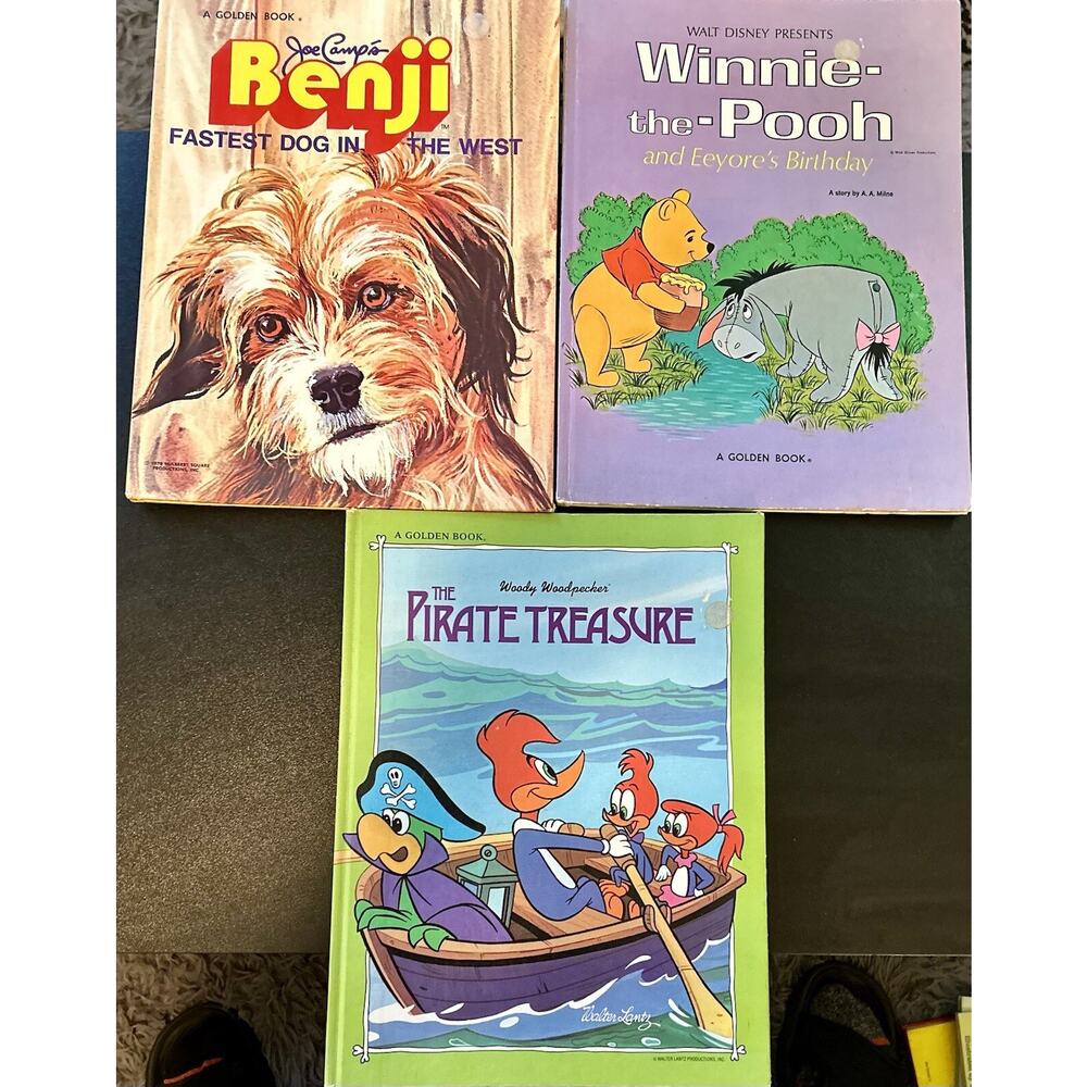 Vintage Kids Golden 3 Book Lot- Benji, Winnie Pooh, Woodie Woodpecker